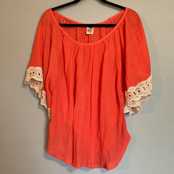 Wrangler Womens Size L Coral Circle Cut Flowy Gauzy Blouse Top Lace Crochet Trim - Picture 1 of 11